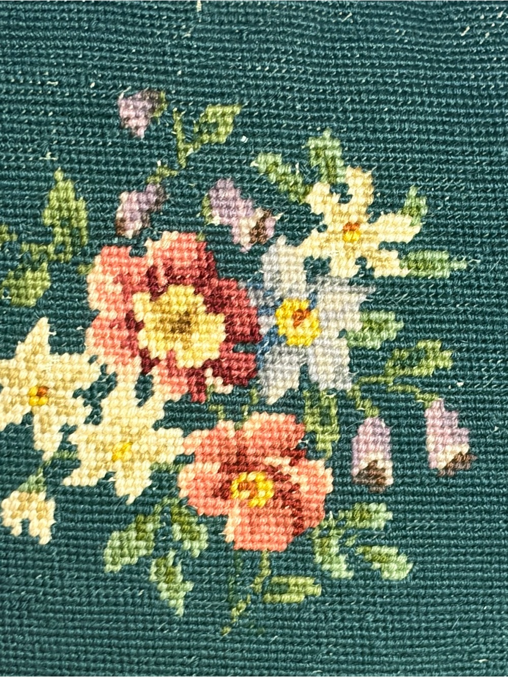 Vintage Round Needlepoint Floral Throw Pillow, 15" Diameter. Elegant dark green - Picture 4 of 8